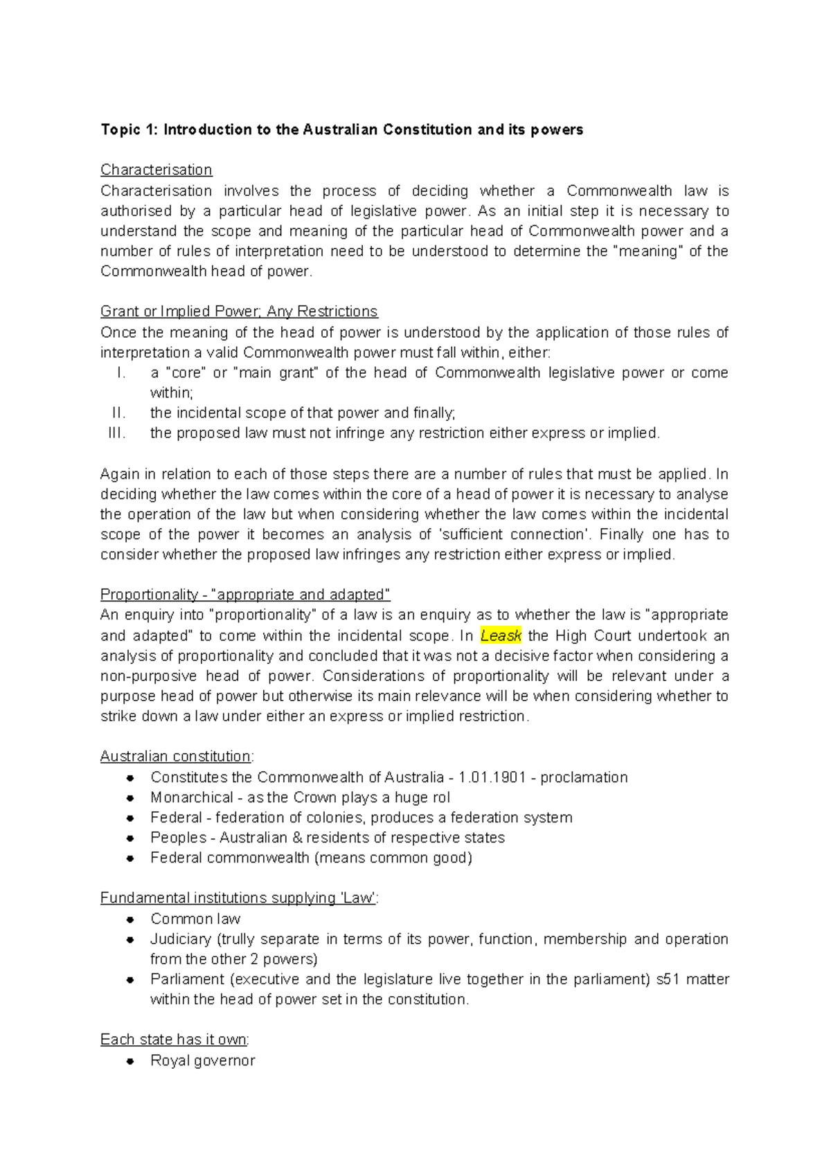 Australian Contitution Law - Notes - Topic 1: Introduction to the ...