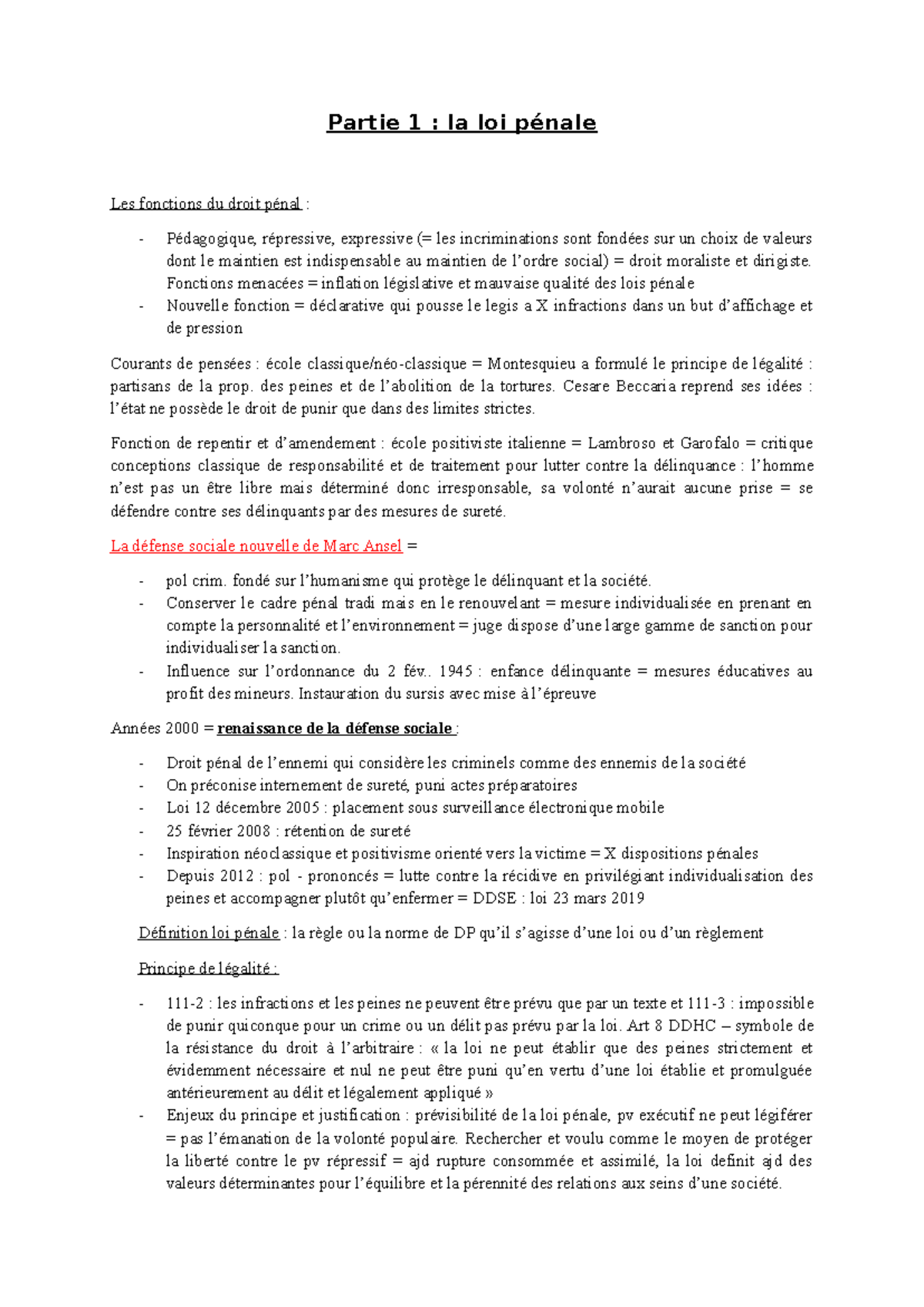 Fiche partie 1 droit pénal - Partie 1 : la loi pénale Les fonctions du ...