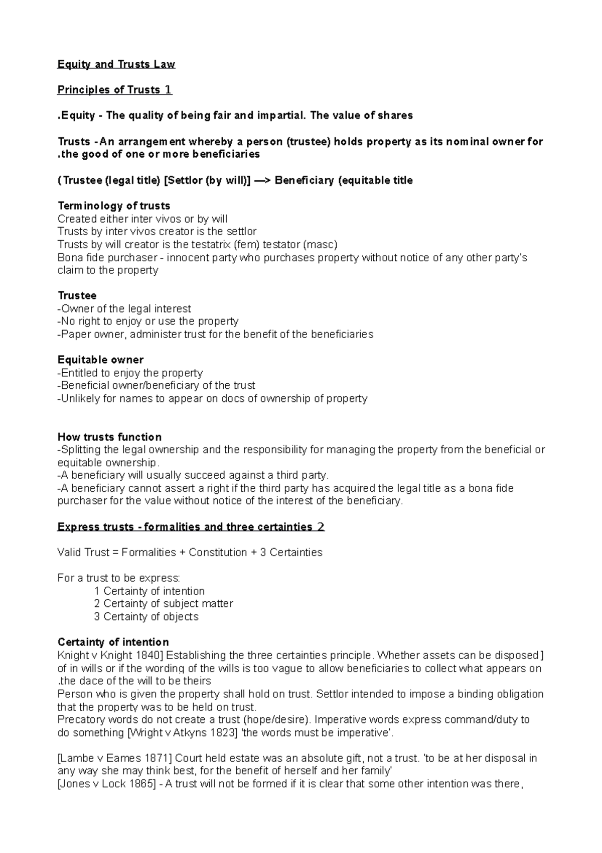 Equity and Trusts Law Revision Notes (Course Code: LAW 101) - Studocu