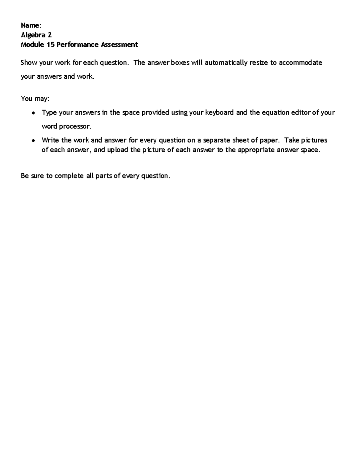Algebra 2 Module 15 Performance Assessment Guide - Studocu