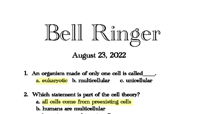 Biology 101: Bell Ringer Quiz - August 23, 2022 - Studocu