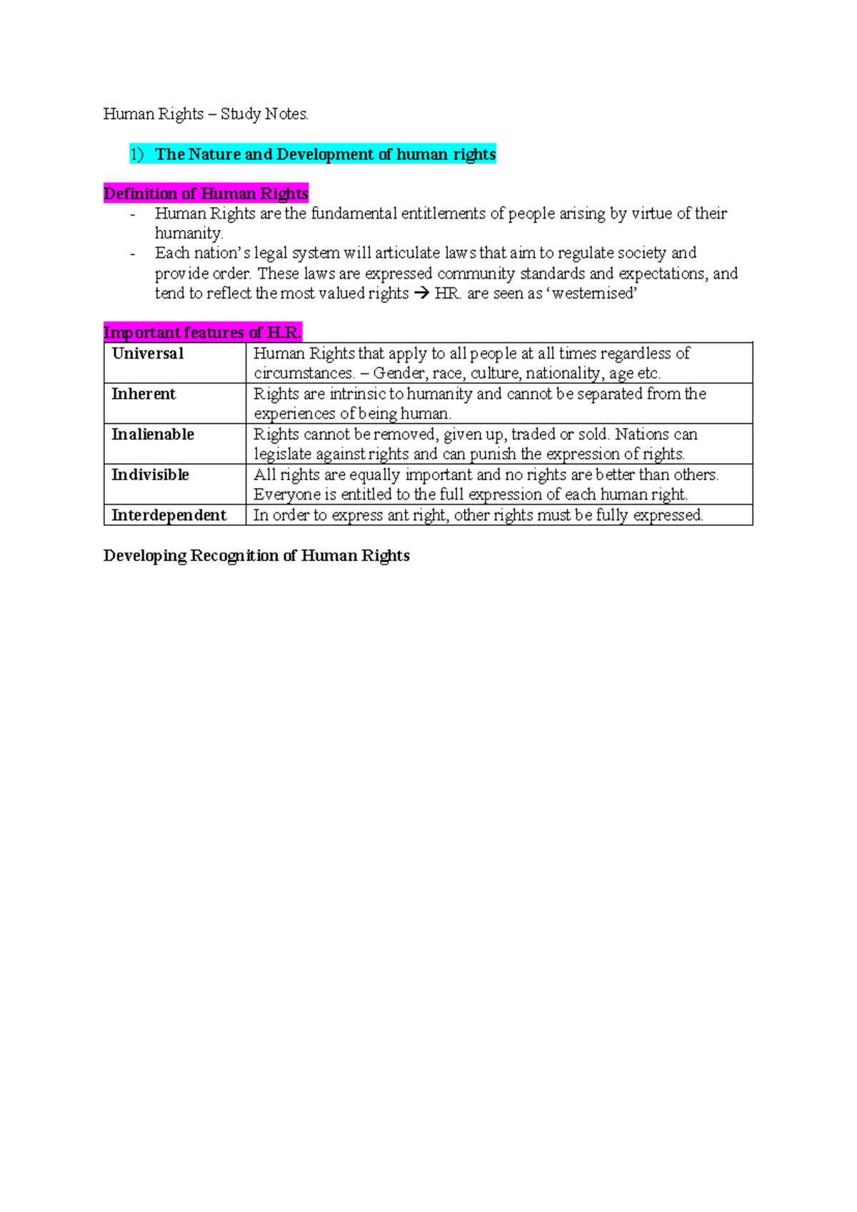 Human Rights Study Notes: Nature, Development & Key Concepts - Studocu