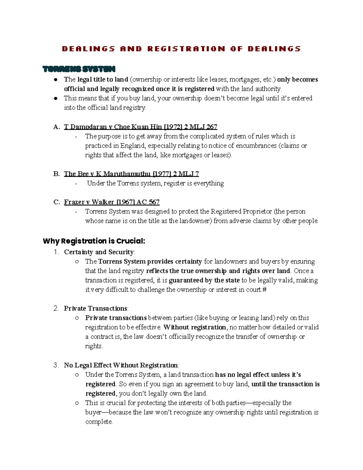 Torrens System: Registration of Dealings in Land Law (LAND LAW 1) - Studocu