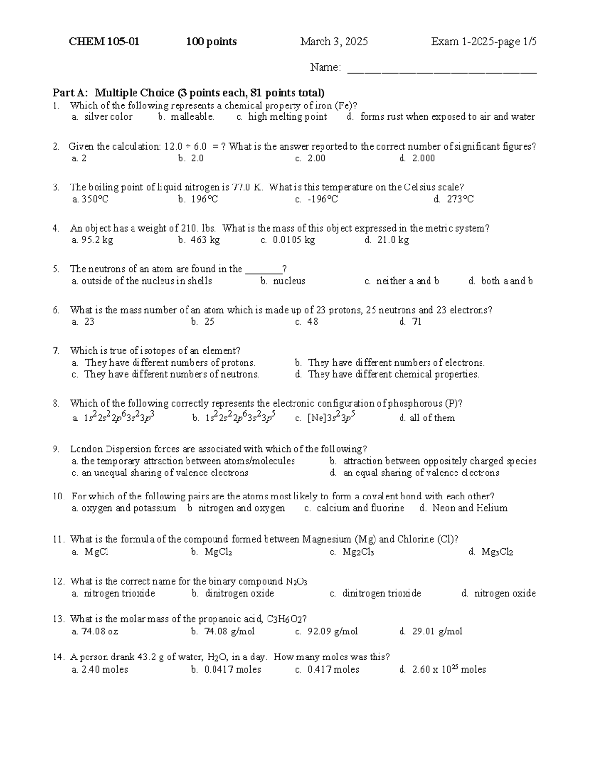 CHEM 100 Final Exam Review: Key Concepts & Practice Questions - Studocu