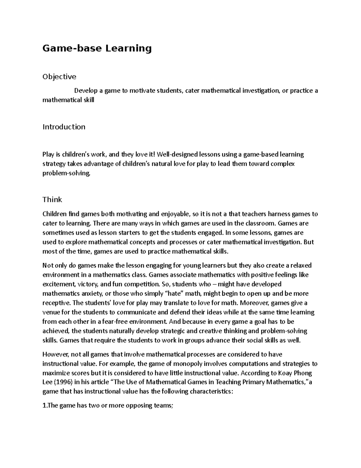 Game-base Learning Dela Fuente Mark - Game-base Learning Objective ...