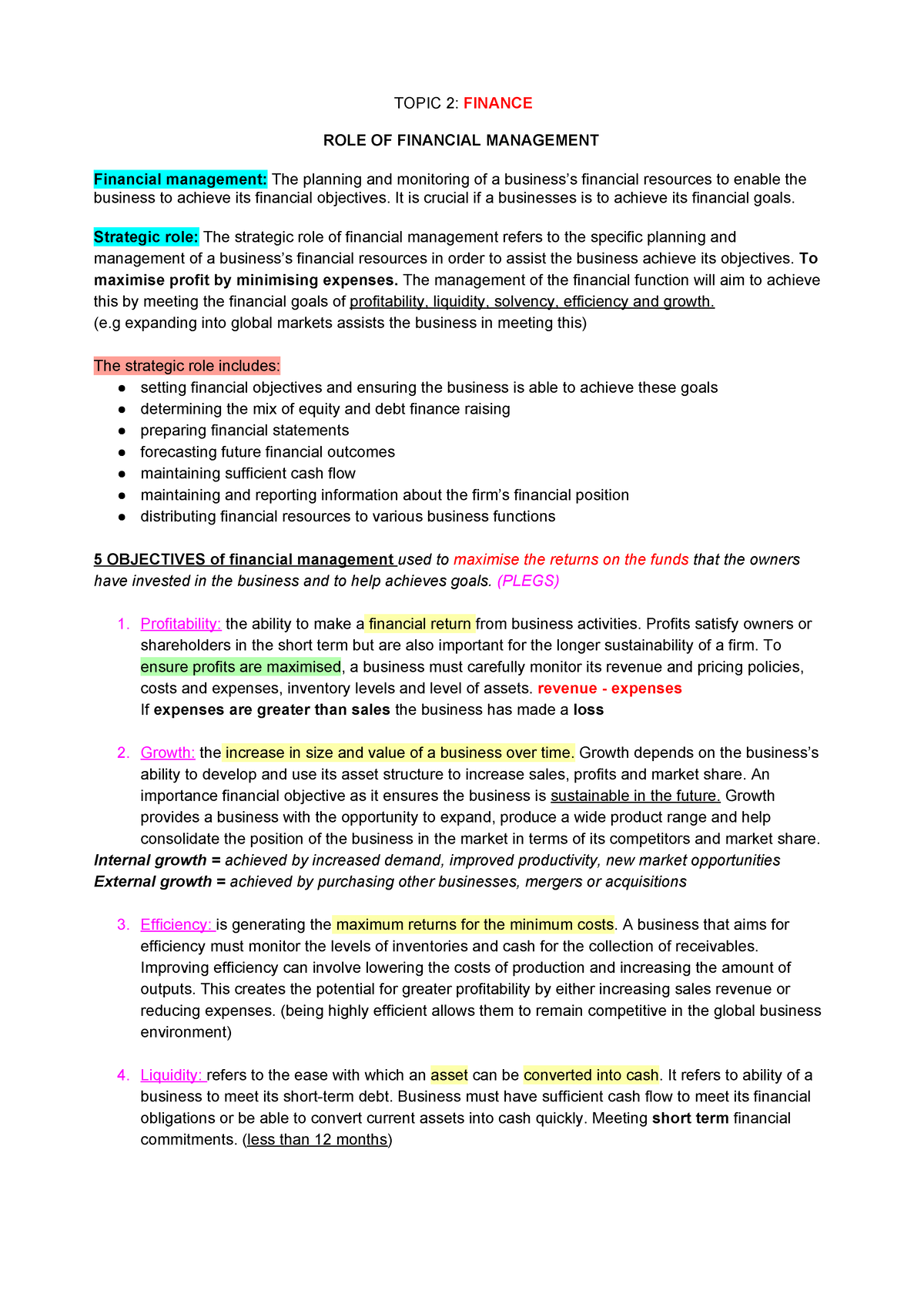Finance HSC Notes: The Strategic Role of Financial Management - Studocu