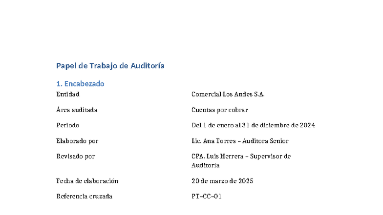 Ejemplo de Papel de Trabajo de Auditoría - Cuentas por Cobrar 2024