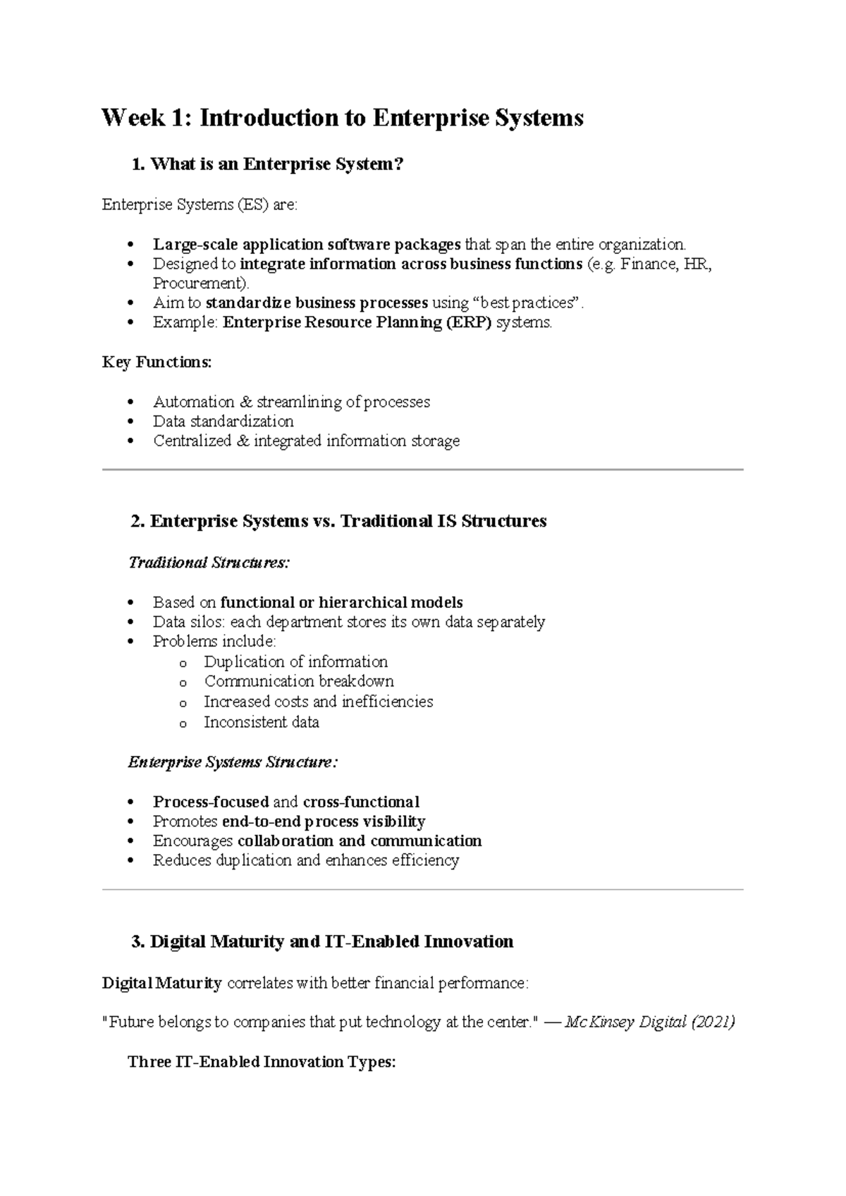 Week 1: Intro to Enterprise Systems - Key Concepts & Insights - Studocu