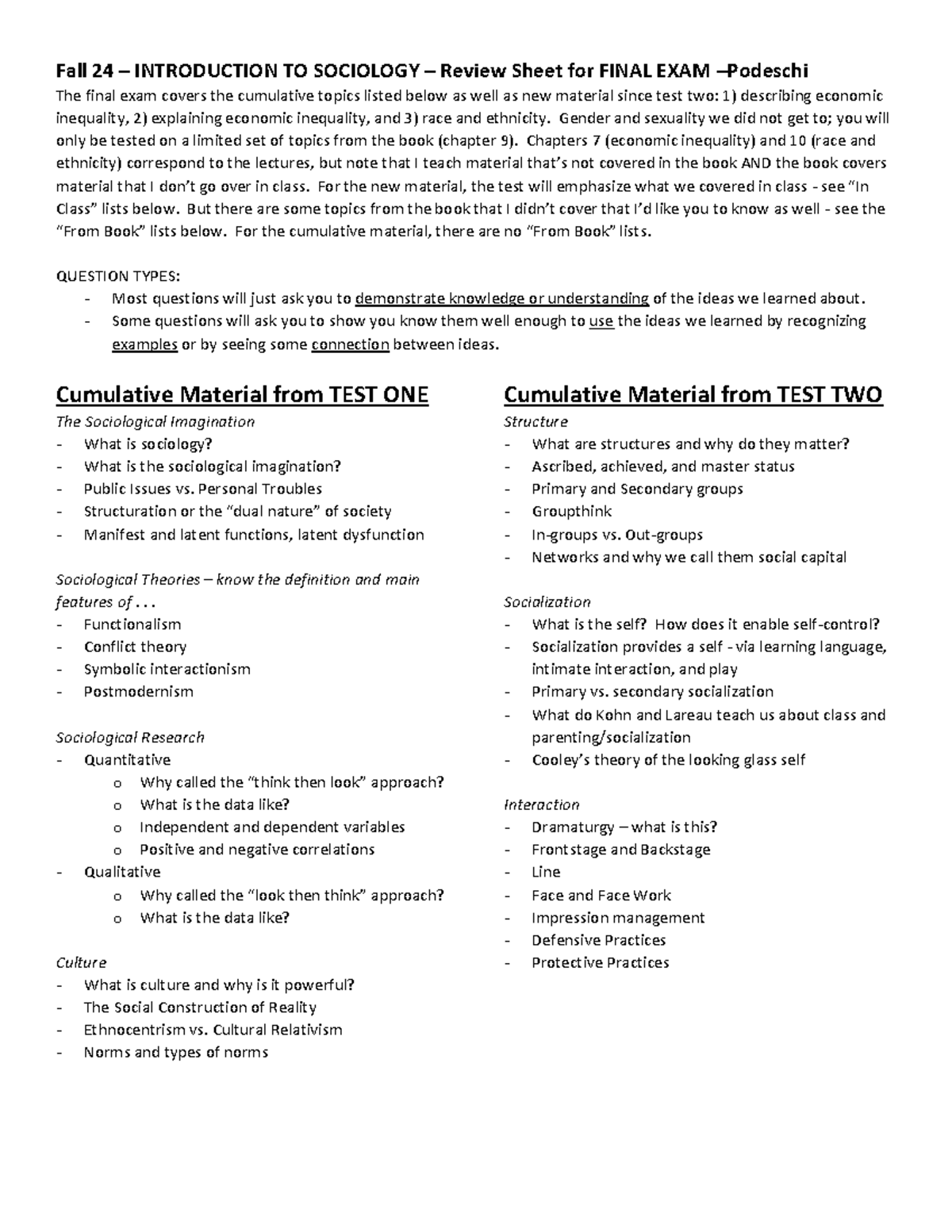 Review Sheet - Final Exam SOCI 101 - Fall 24 – INTRODUCTION TO ...