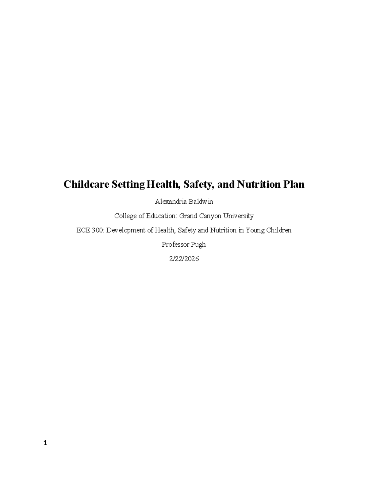 ECE 300: Health, Safety, and Nutrition Plan for Childcare Settings ...