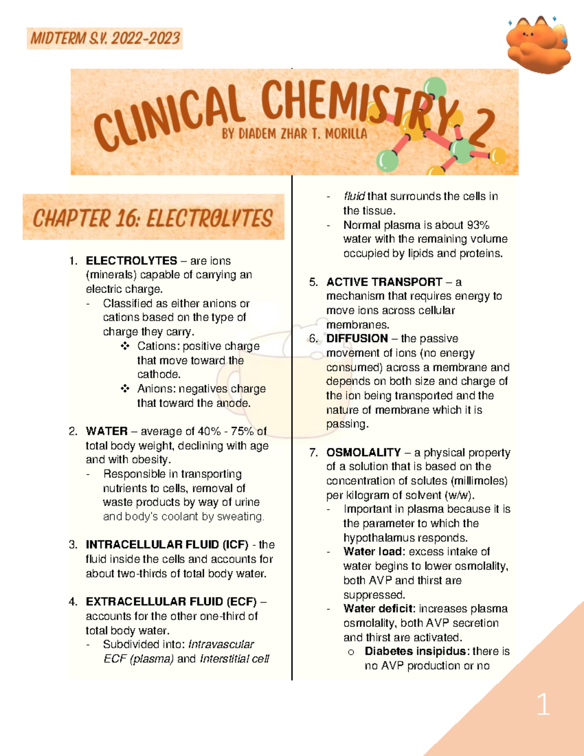 CC2-CHAP Summary - ELECTROLYTES – are ions (minerals) capable of ...