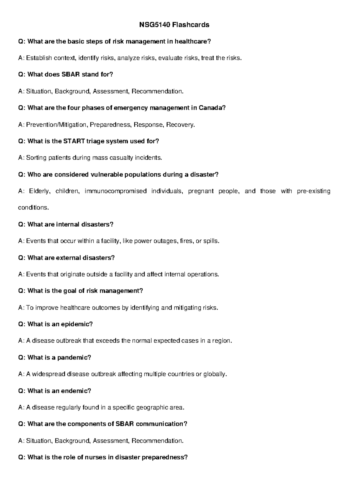 NSG5140 Flashcards: Key Concepts in Risk Management & Disaster ...