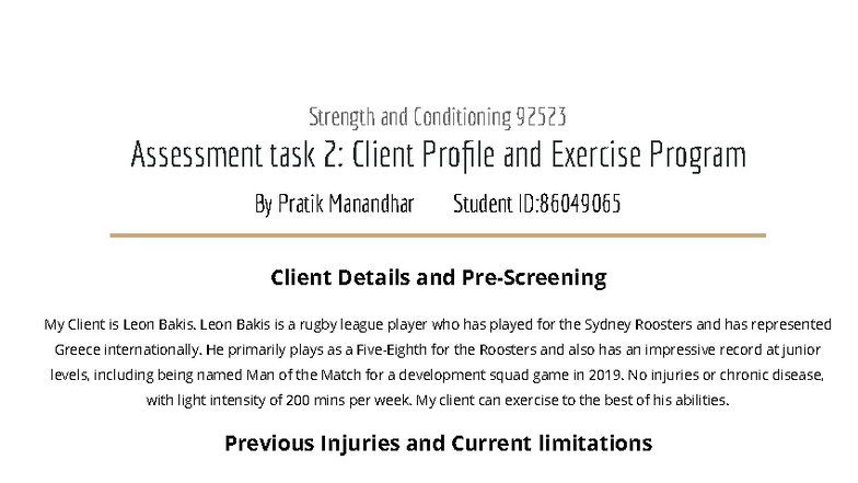 Strength and Conditioning 92523: Client Profile & Exercise Program for ...