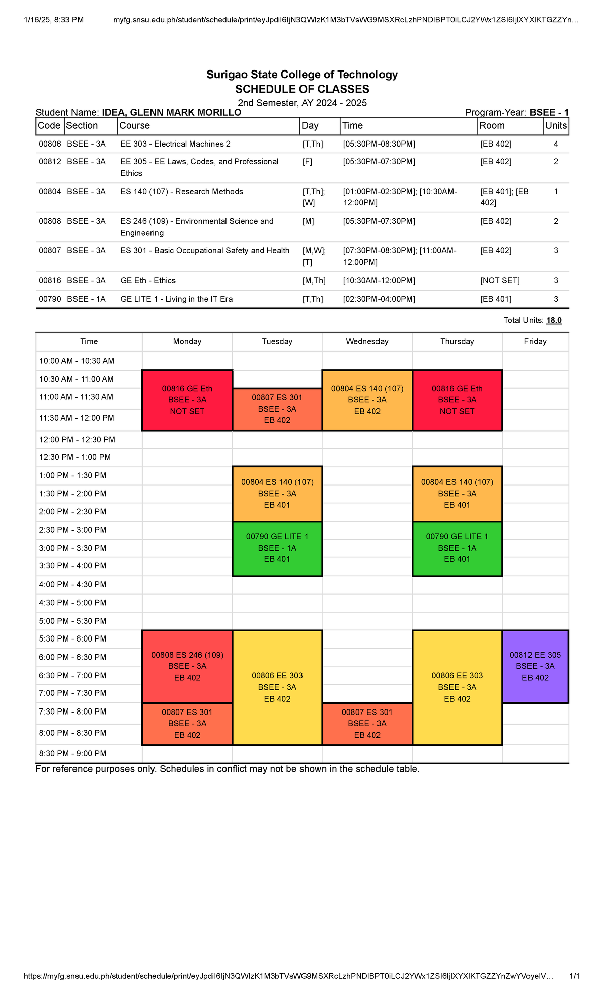 BSEE 3A Class Schedule for 2nd Sem AY 2024-2025 - Studocu