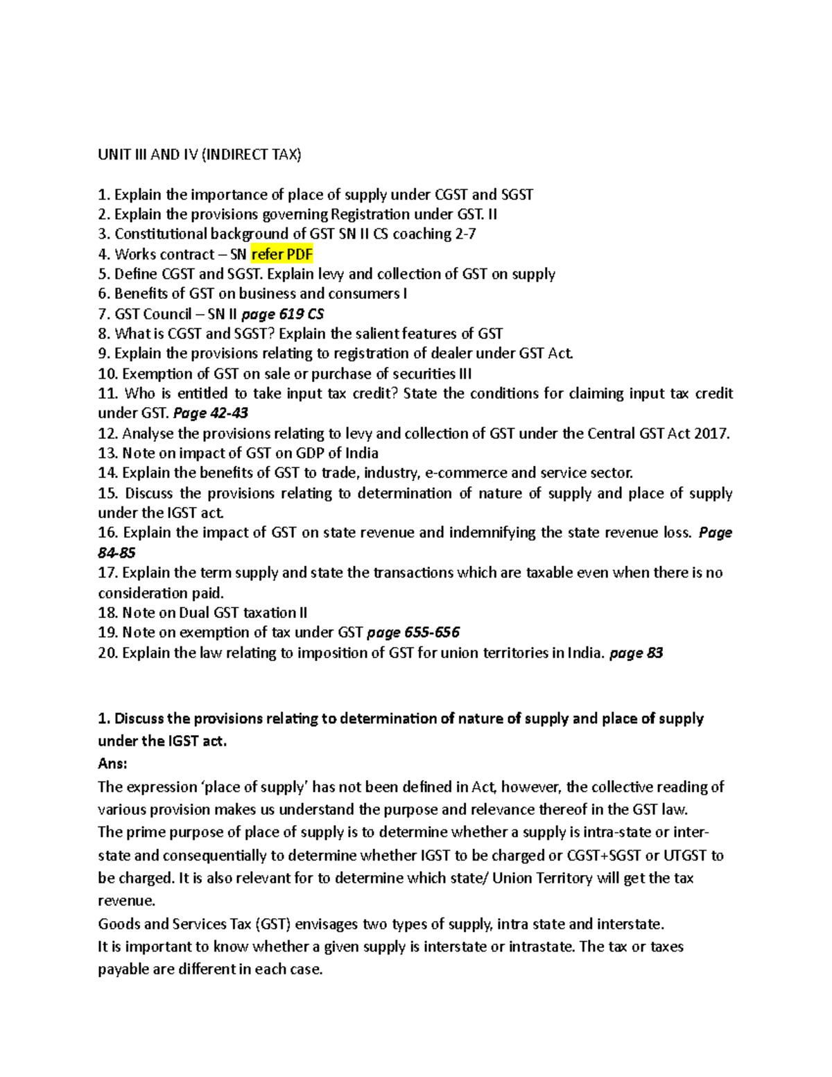 UNIT 3 & 4 - Comprehensive Notes on Indirect Taxation & GST - Studocu