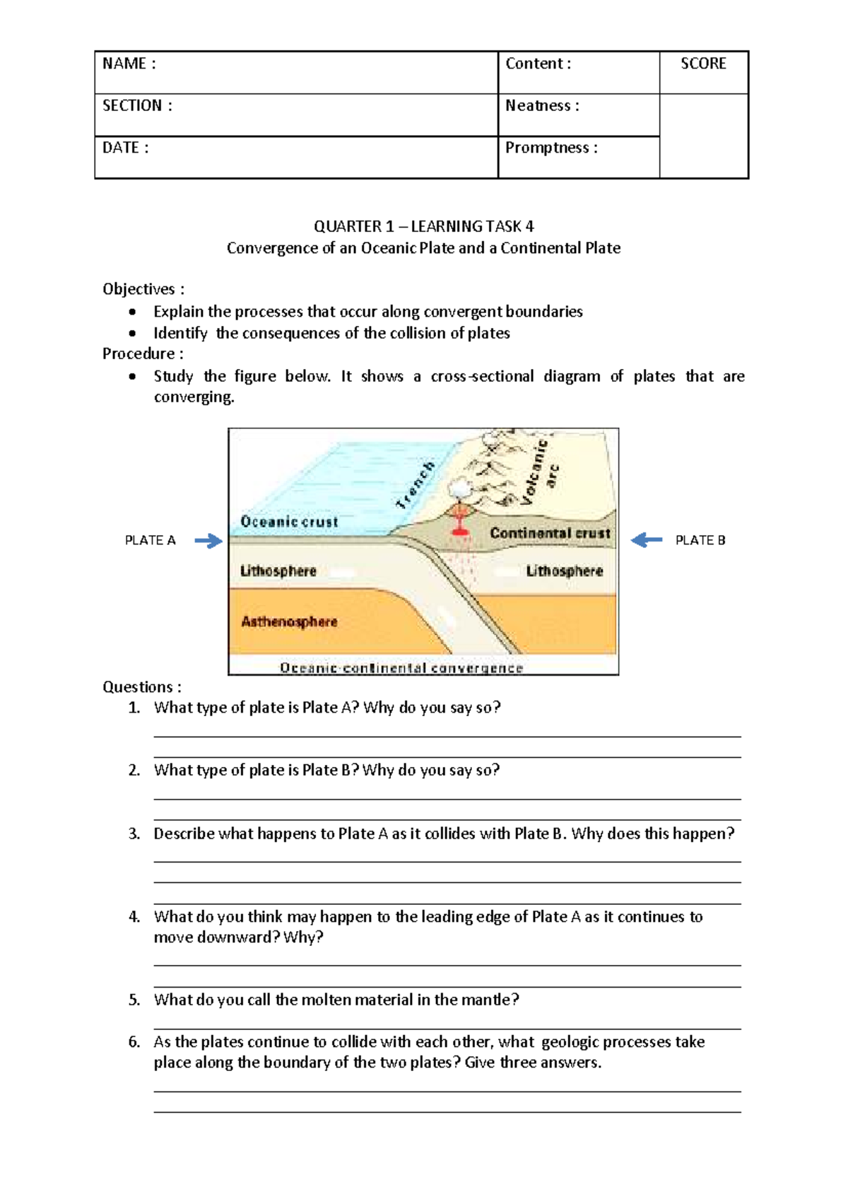 Q1 LT4: Convergence of Oceanic and Continental Plates Study Guide - Studocu