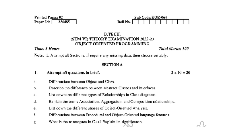 B.TECH. (SEM VI) OOPS Previous Year Questions - KCS054 - Studocu