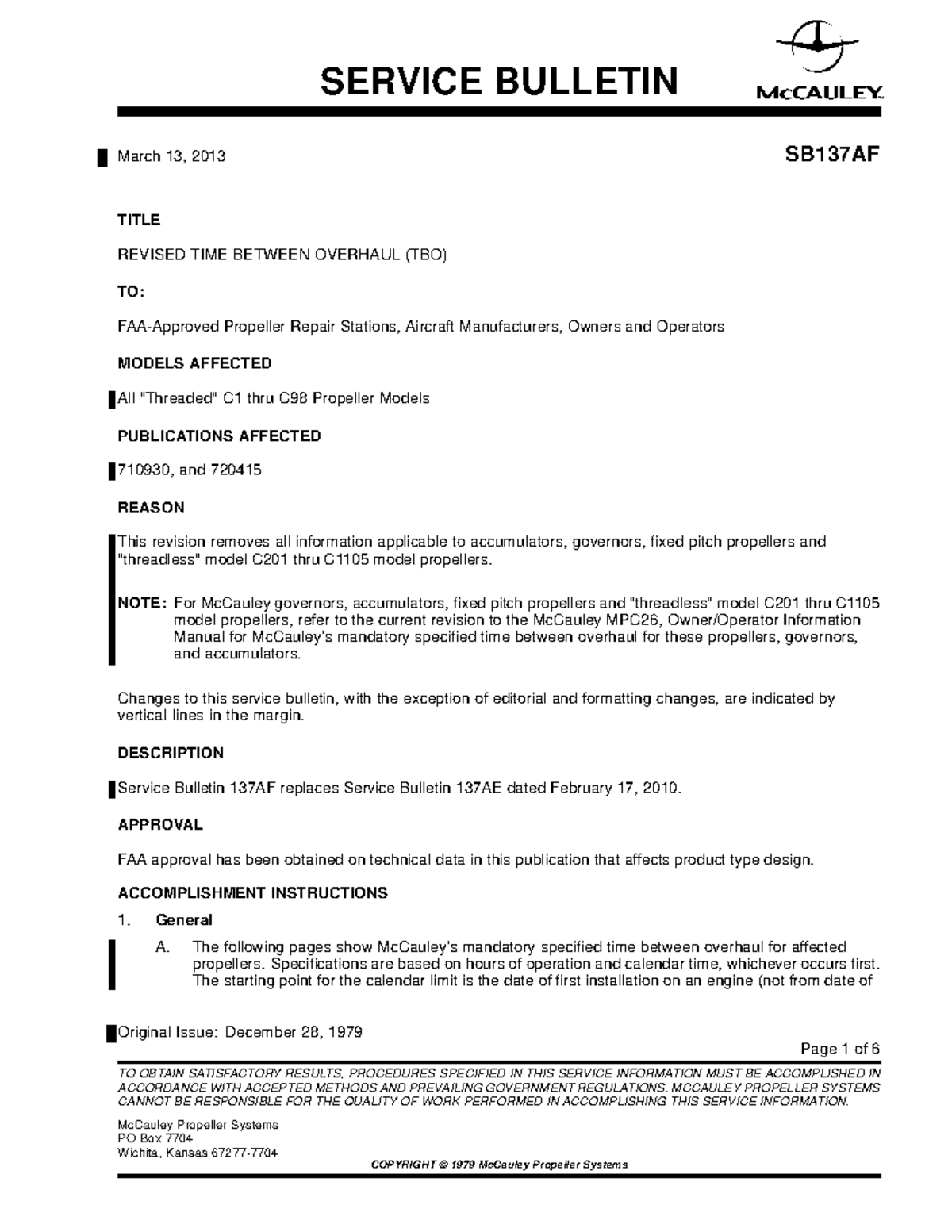 Sb137af - Revised Time Between Overhaul (TBO) for Propellers - Studocu
