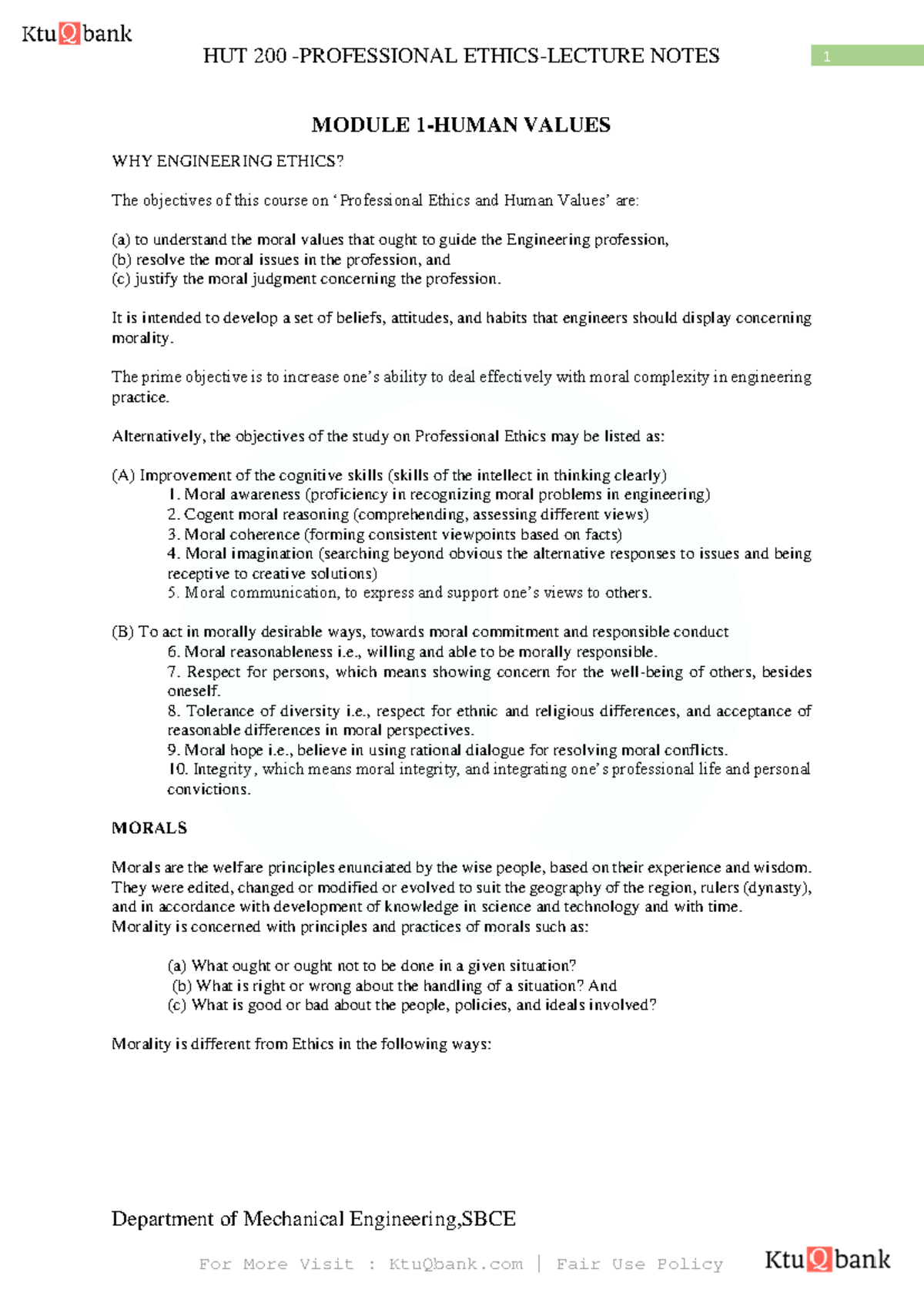 Module 1 notes of professional ethics - Department of Mechanical ...