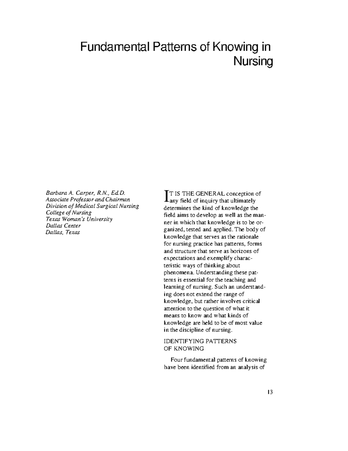 Fundamental Patterns of Knowing in Nursing: Insights for NURS 204 - Studocu