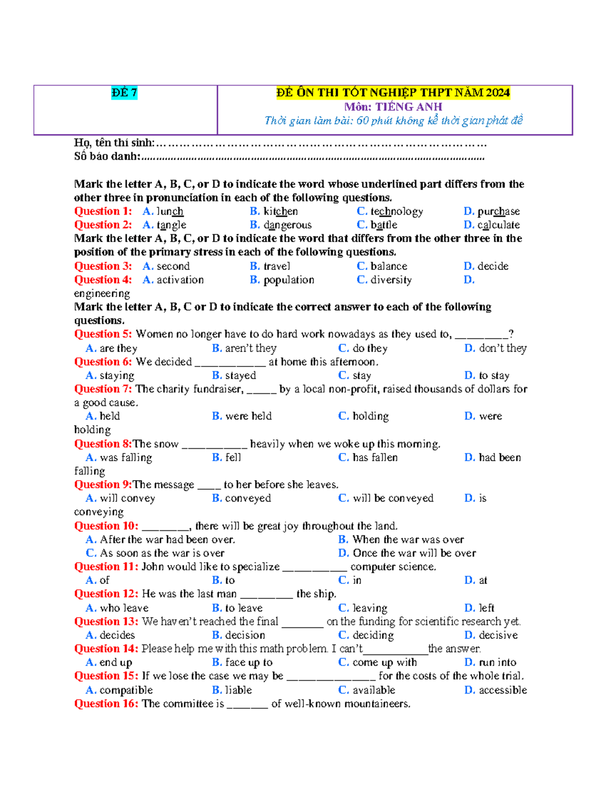 English 12 Final Test 14 - ôn thi tốt nghiệp THPT 2024 - Studocu