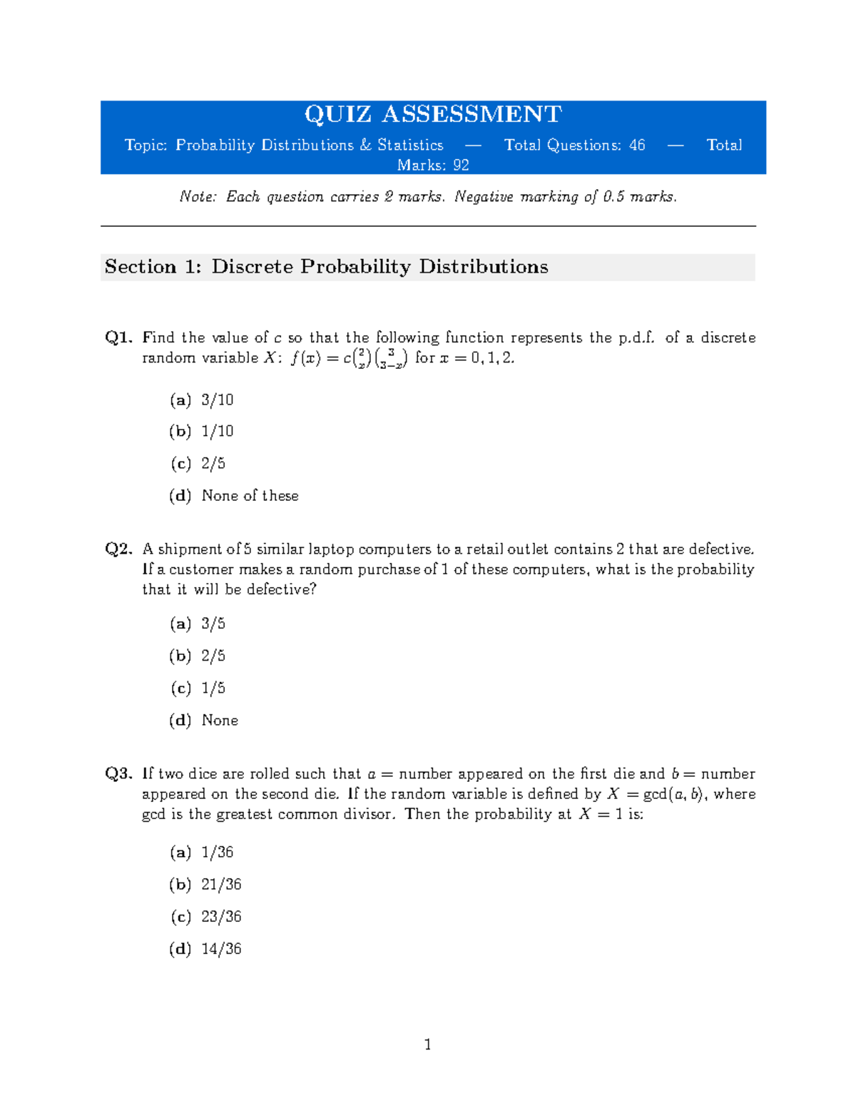 UNIT1 QUIZ: Probability Distributions MCQs and Solutions - Studocu