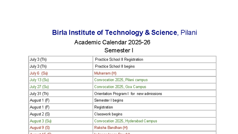 Academic Calendar AY 2025-2026 for Semester I at BIT Pilani - Studocu