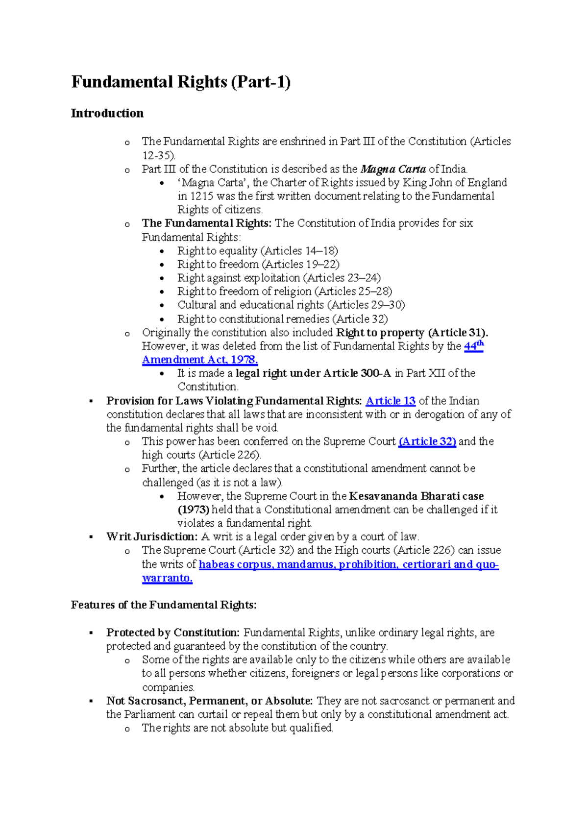 Fundamental Rights in India - Lecture Notes (Constitution Articles 12 ...