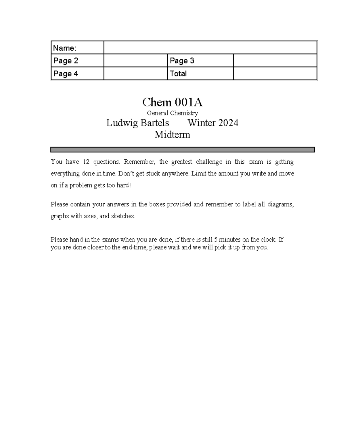 Chem 001A Midterm Exam Questions & Guidelines - Winter 2024 - Studocu