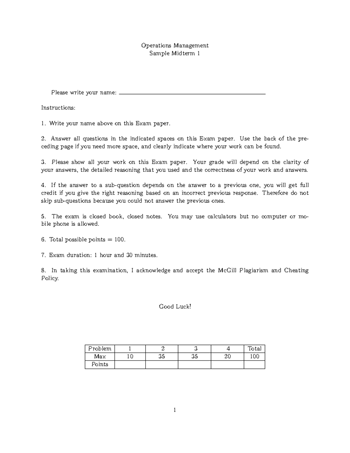 Operations Management OM 101 Sample Midterm Exam 1 - Studocu