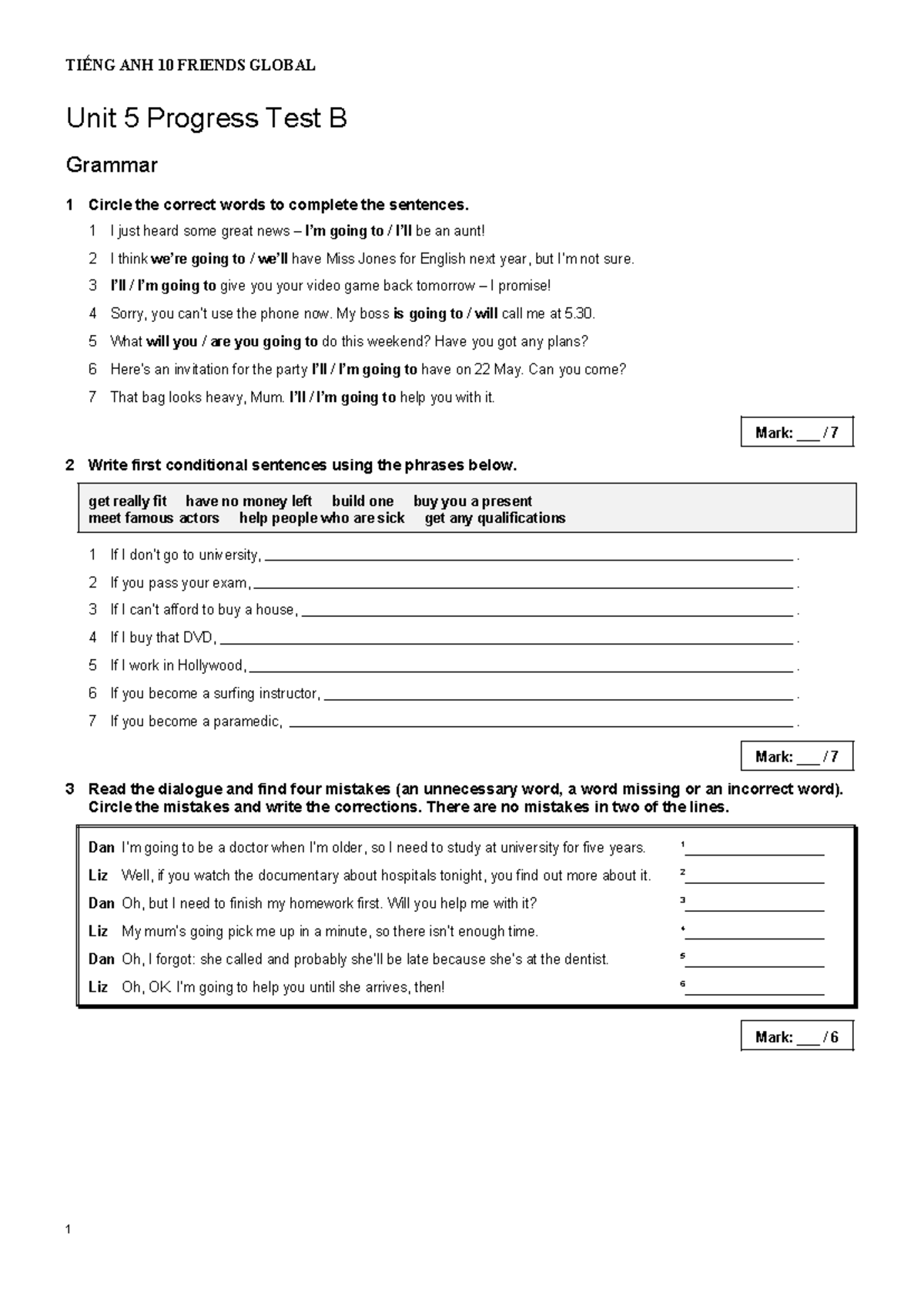 U5 progress test b - Unit 5 Progress Test B Grammar 1 Circle the ...