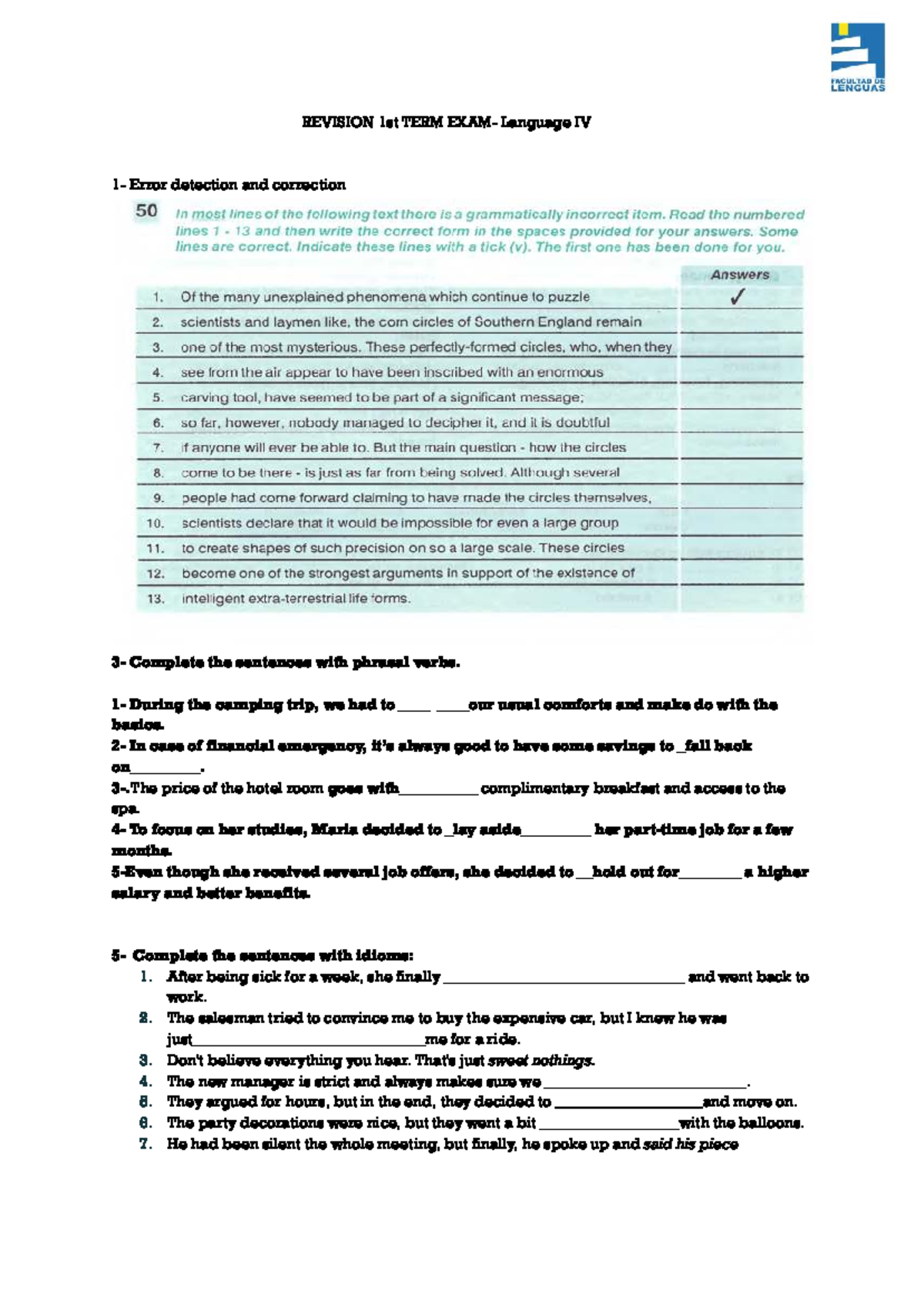 Revision 1st TERM EXAM Language IV: Error Detection & Correction - Studocu