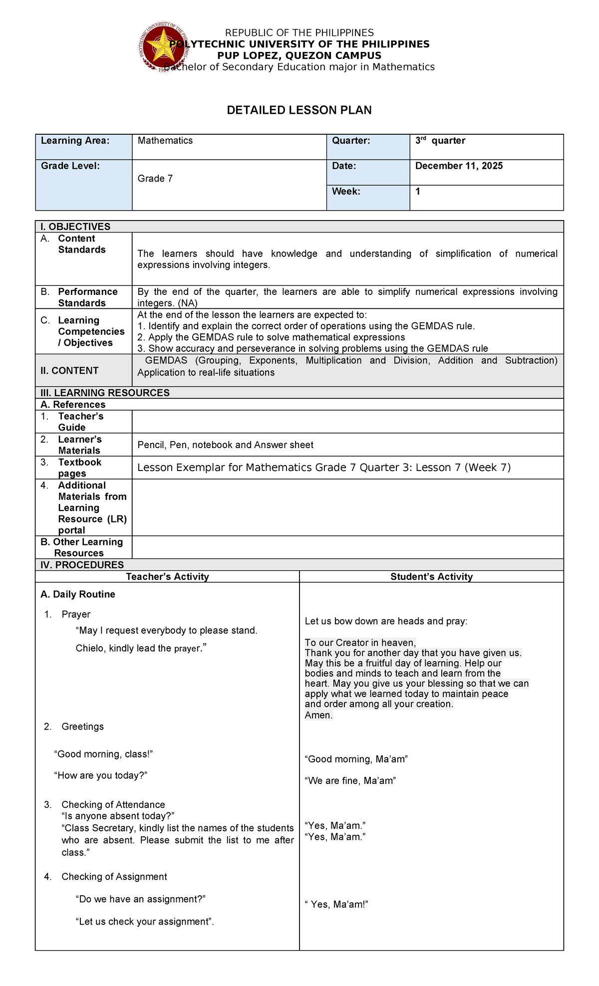 DLP Final: Detailed Lesson Plan for Mathematics Grade 7 (3rd Quarter ...