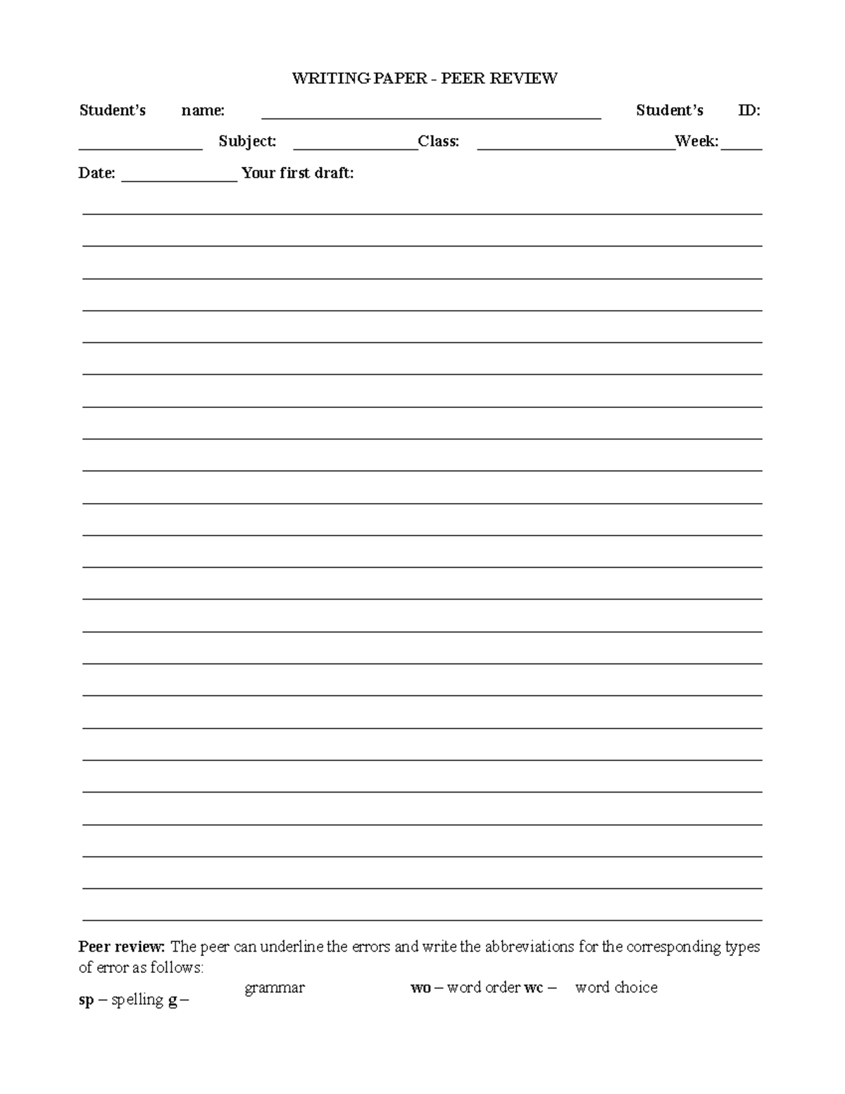 Peer review paper - WRITING PAPER - PEER REVIEW Student’s name: - Studocu