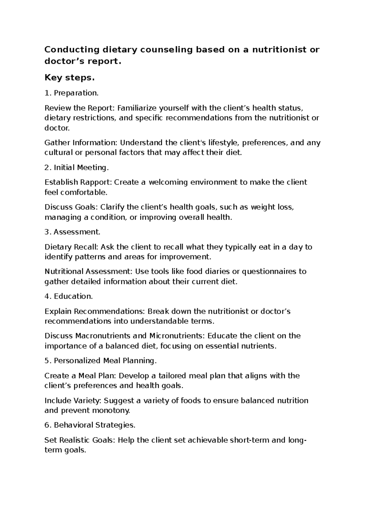Dietary Counseling Guide Based on Nutritionist's Report - Studocu
