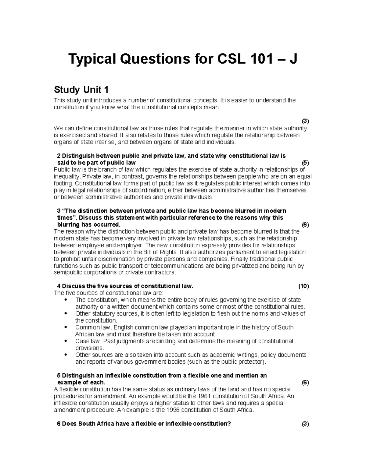 Constitutional Law Q&A for CSL 101 J Study Unit 1 - Studocu