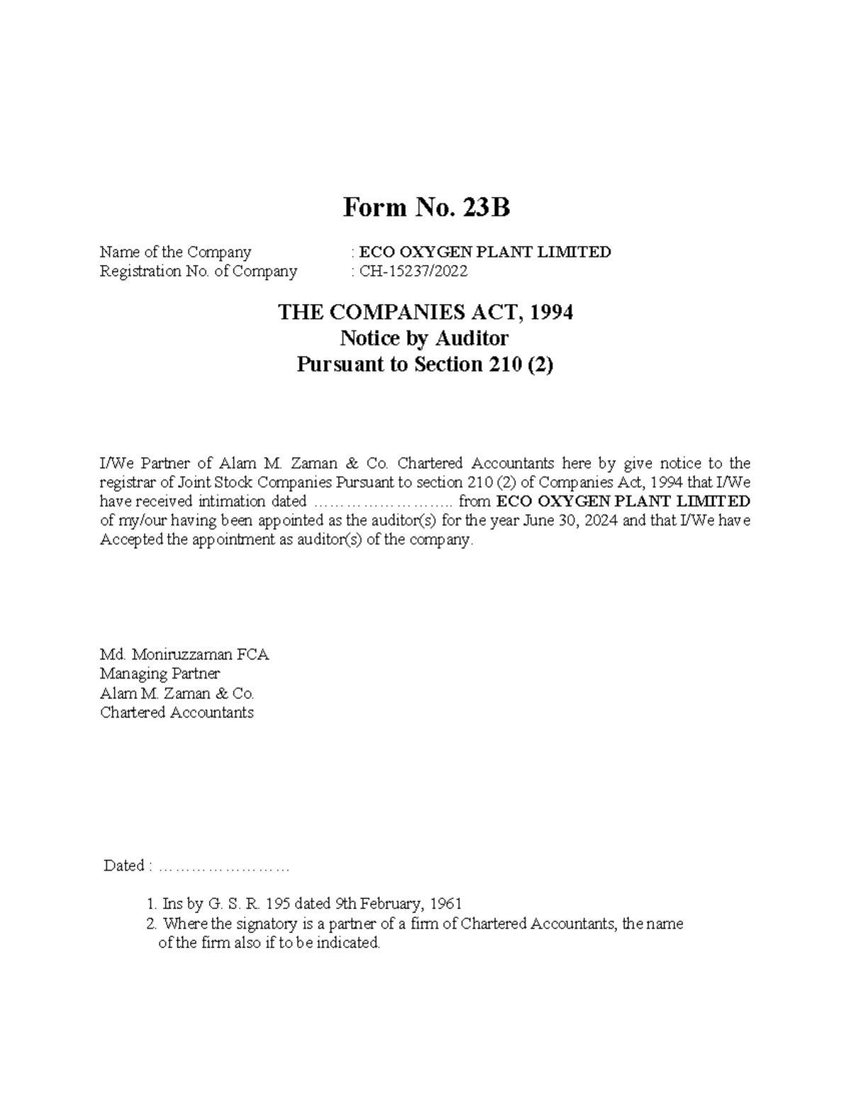 ECO 4Form-23B - Accounting - Form No. 23B Name of the Company : ECO ...