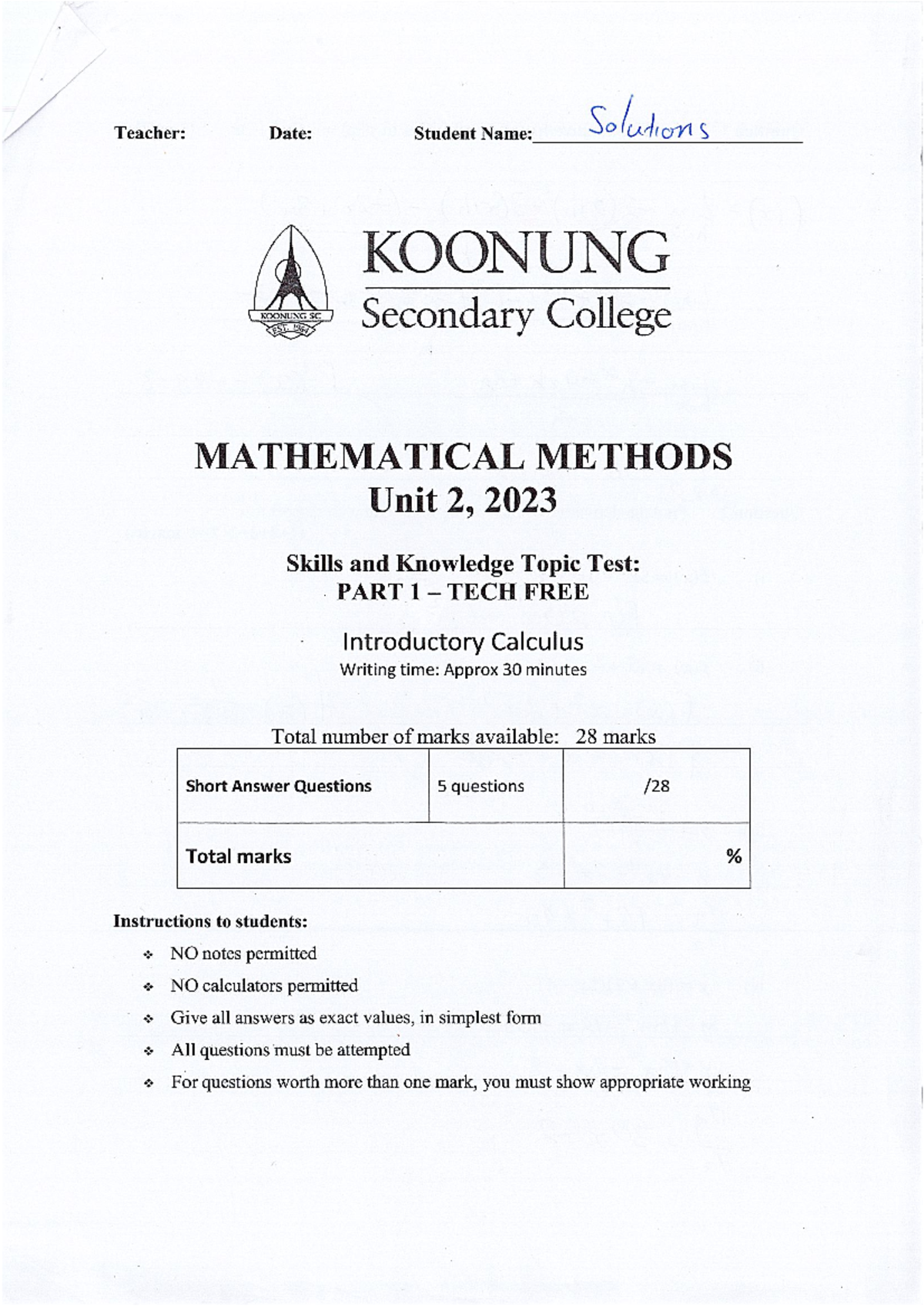 2023 - 11MME - Introductory Calculus Topic Test Solutions - Studocu