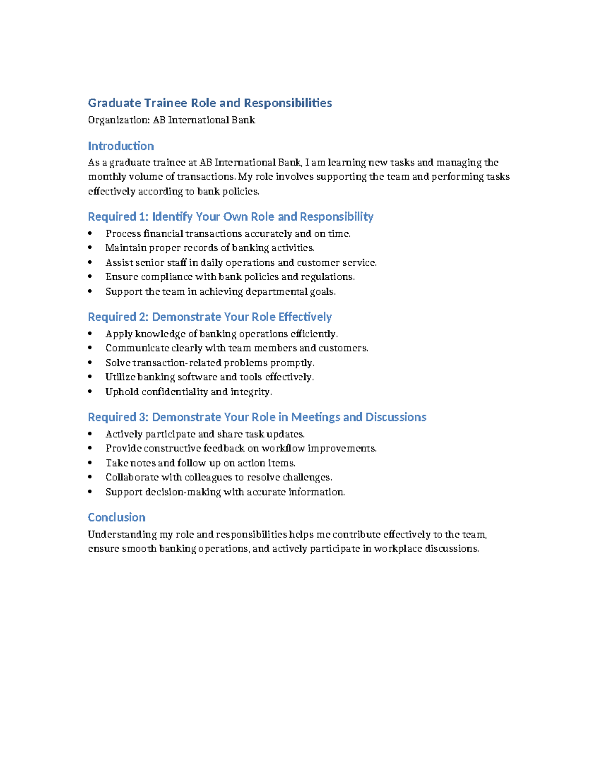 Graduate Trainee Role & Responsibilities at AB International Bank - Studocu