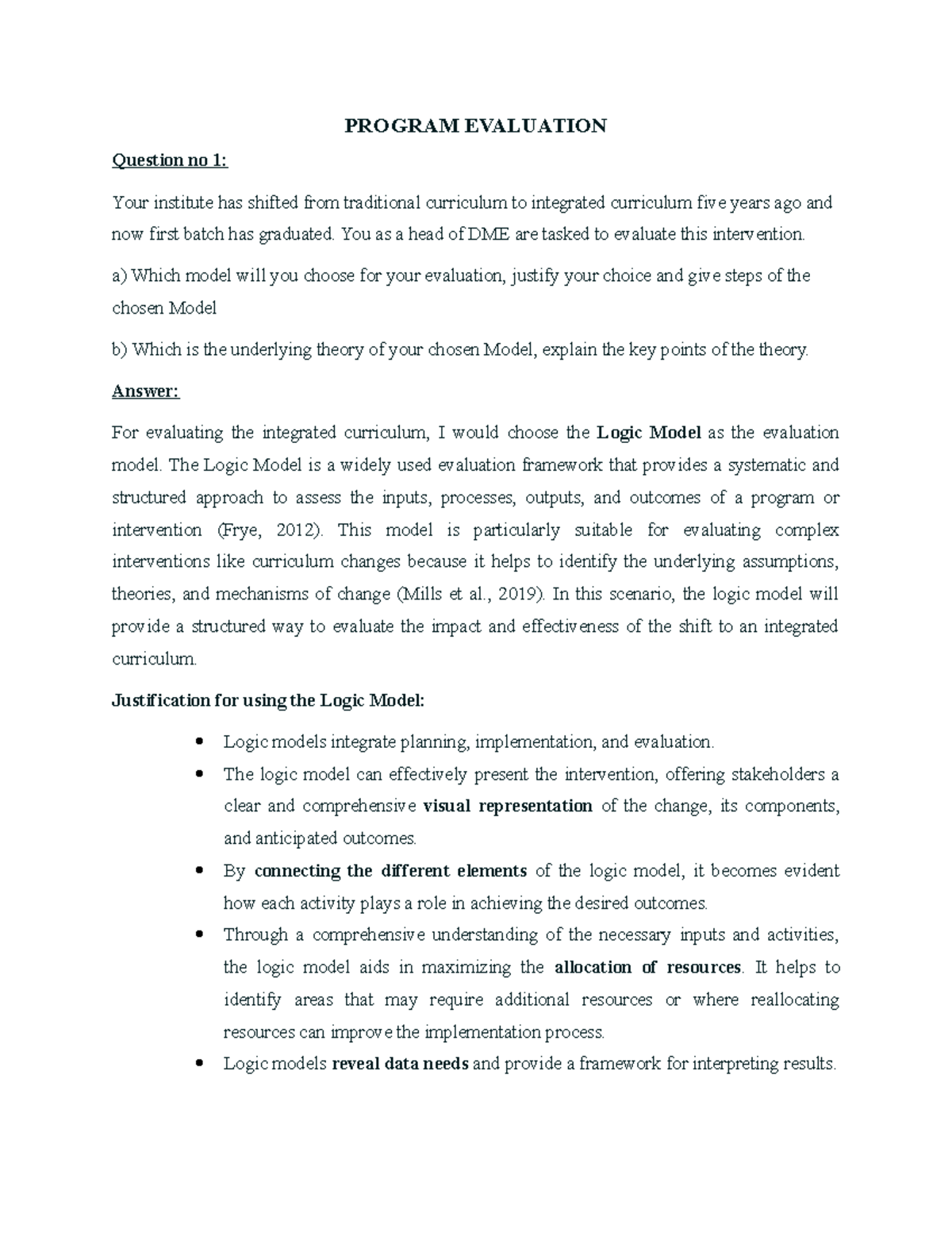 PRE Q1 - PROGRAM EVALUATION Question no 1: Your institute has shifted ...
