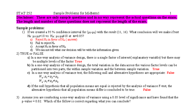 STAT 252 Sample Problems for Midterm 1 Solutions - Studocu
