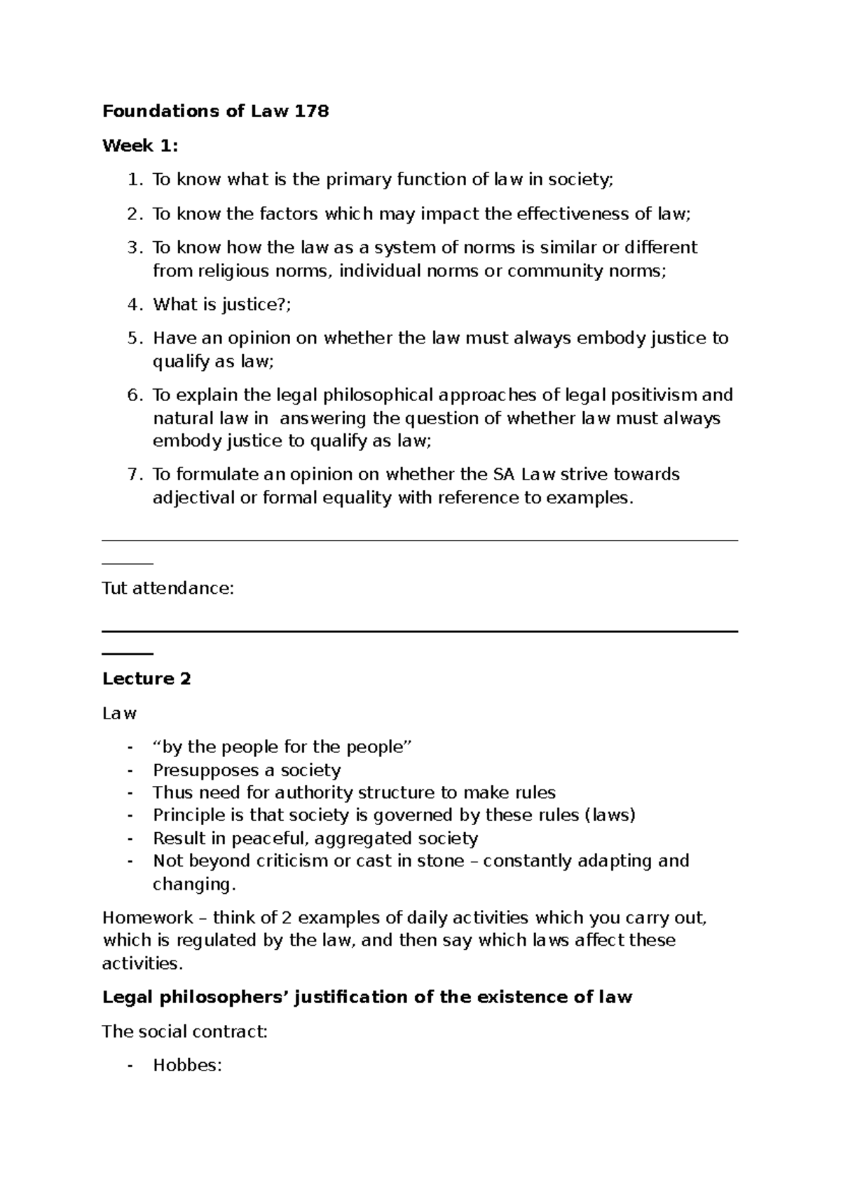 Foundations of Law 178 - Week 1 Lecture Notes on Legal Principles and ...