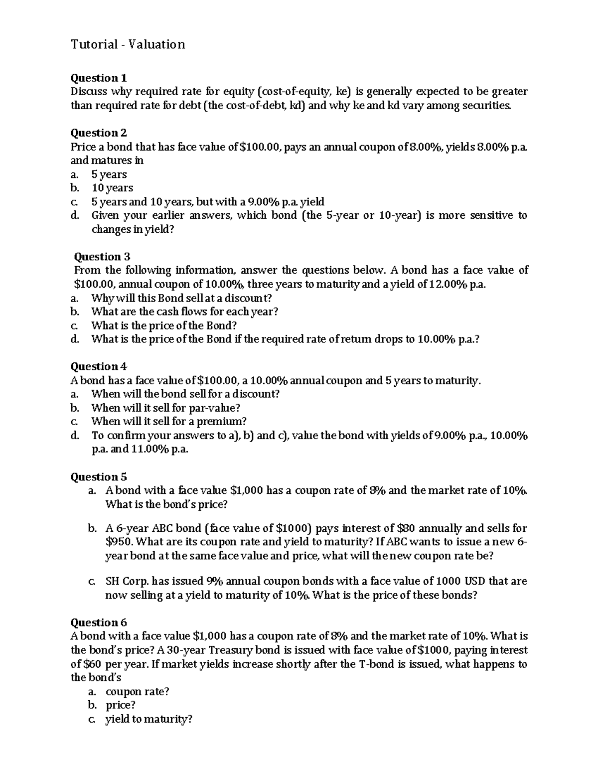 Tutorial - Valuation Questions and Solutions for FIN 301 - Studocu