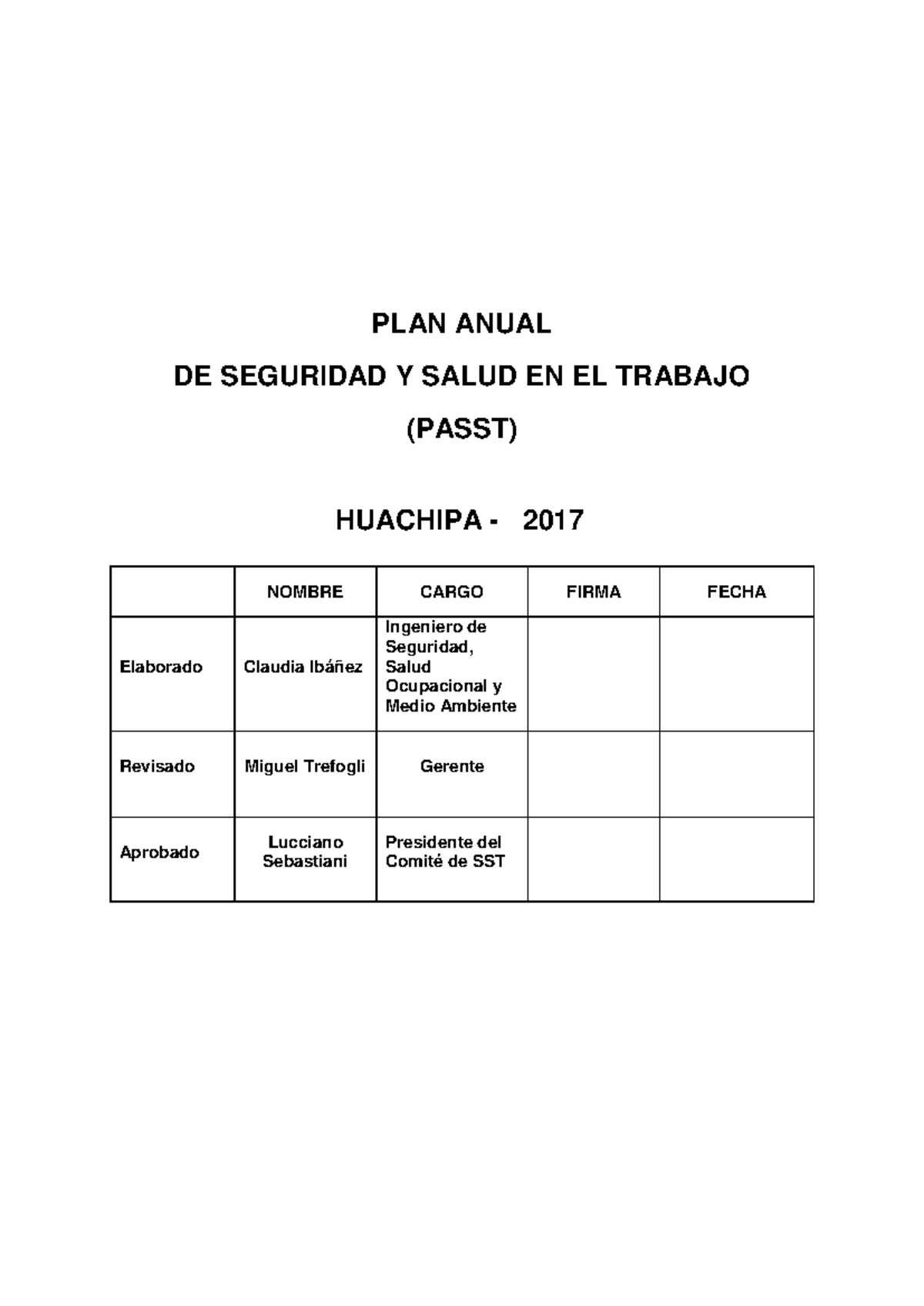 PA-SST-PL-01 Plan Anual de Seguridad y Salud en el Trabajo 2017 - Studocu