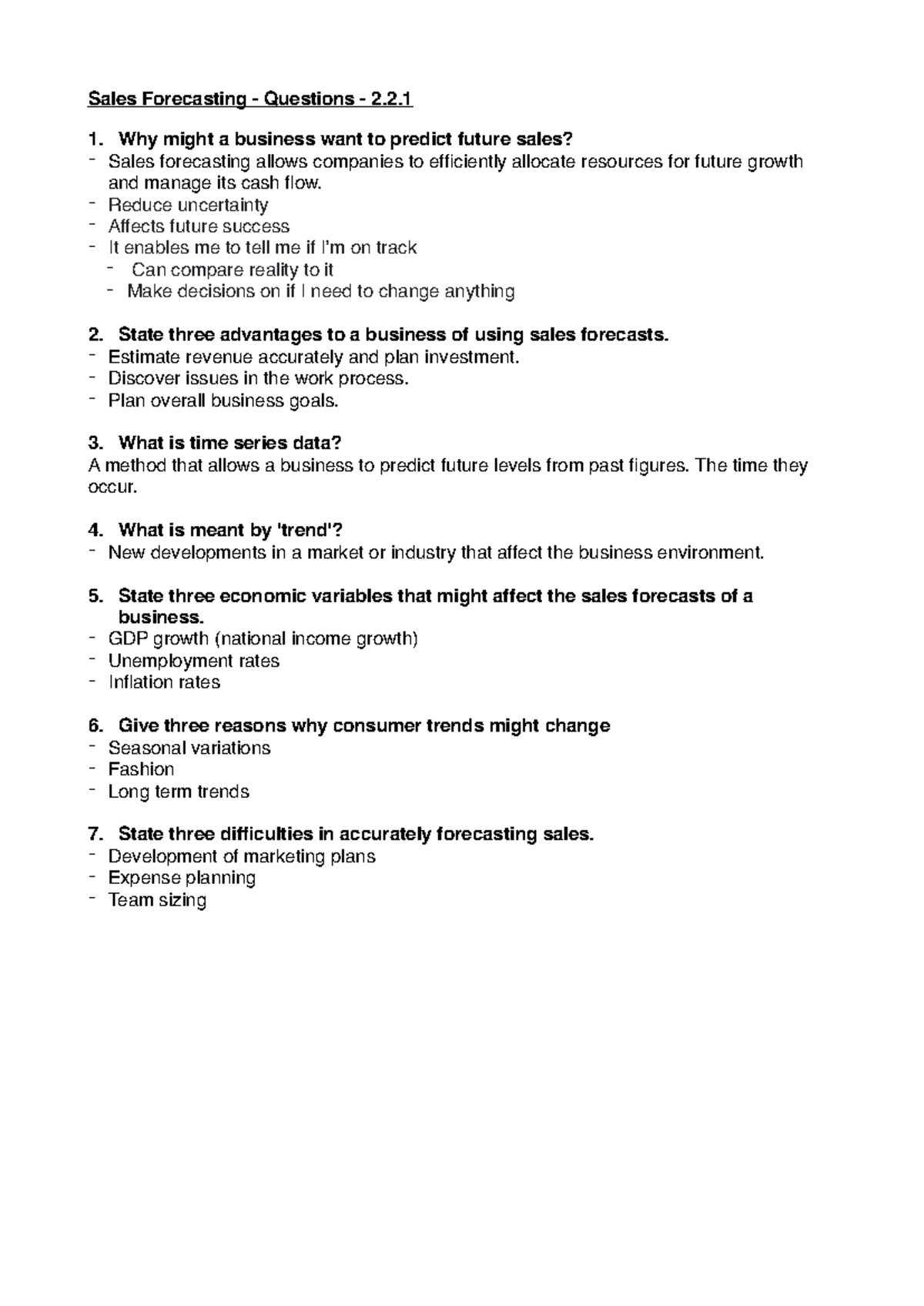 Sales Forecasting Questions - Key Concepts and Business Impacts - Studocu