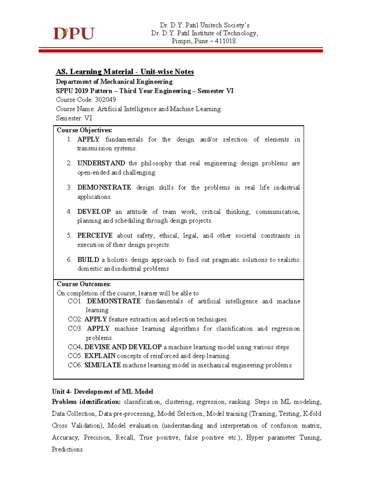 Unit 4 Learning Material: AI & ML Concepts for ME 302049 - Sem VI - Studocu