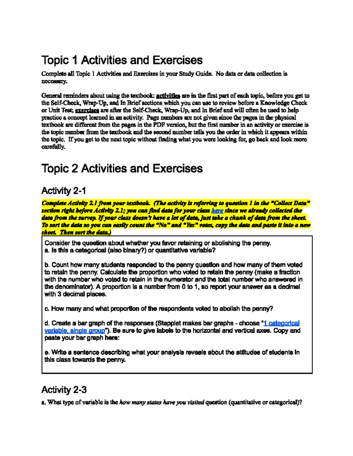 Unit 1 Activities and Exercises Overview (Course Code: STAT101) - Studocu