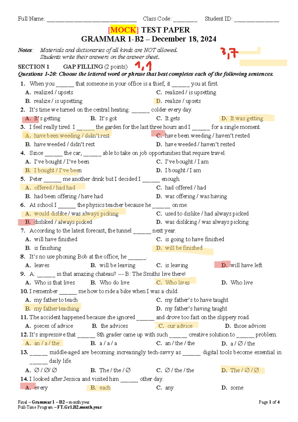 G1B2. Mock Final Grammar Test Preparation Notes - Studocu