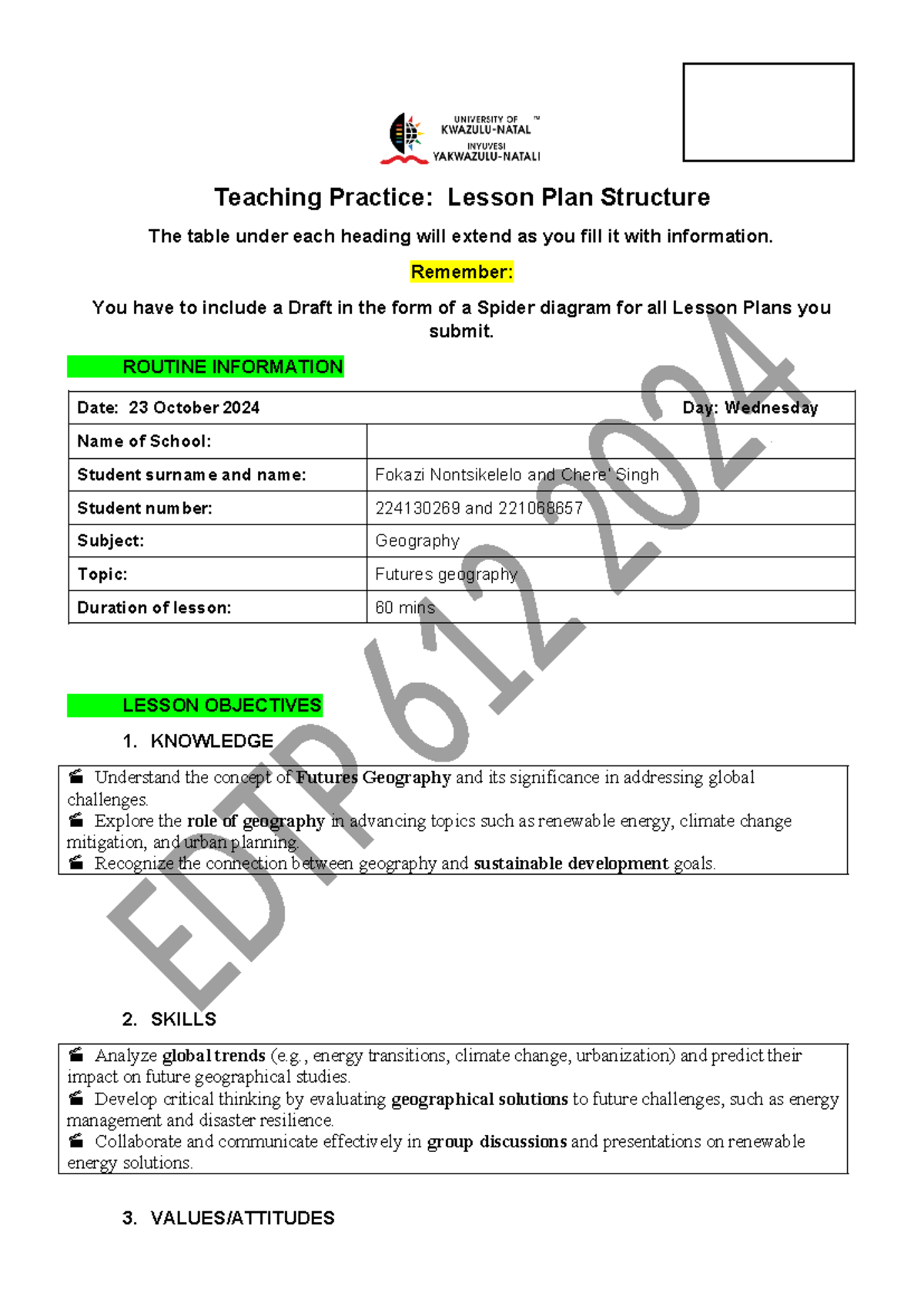 Geography Lesson Plan: Exploring Futures Geography - EDGG 602 - Studocu