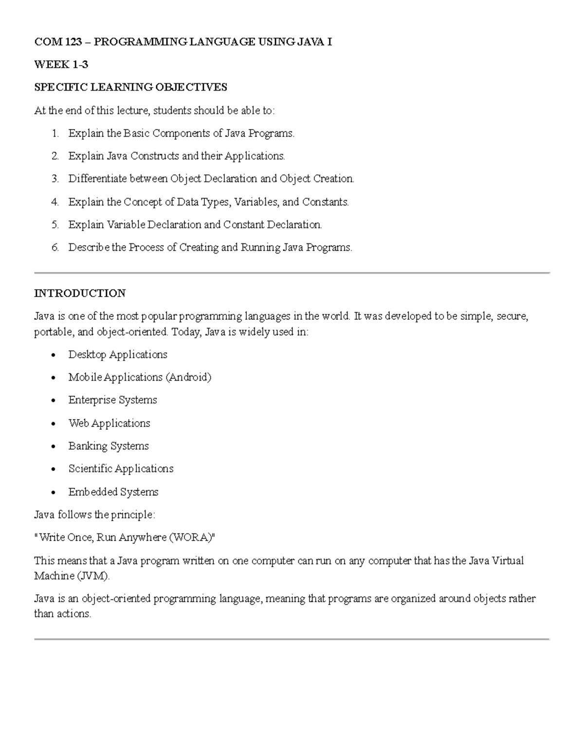 COM 123 Lecture Notes - Overview of Java Programming Basics - Studocu